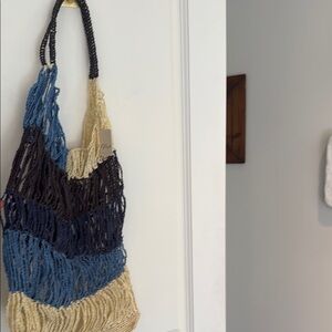 Free People Blue and Cream Woven Tote